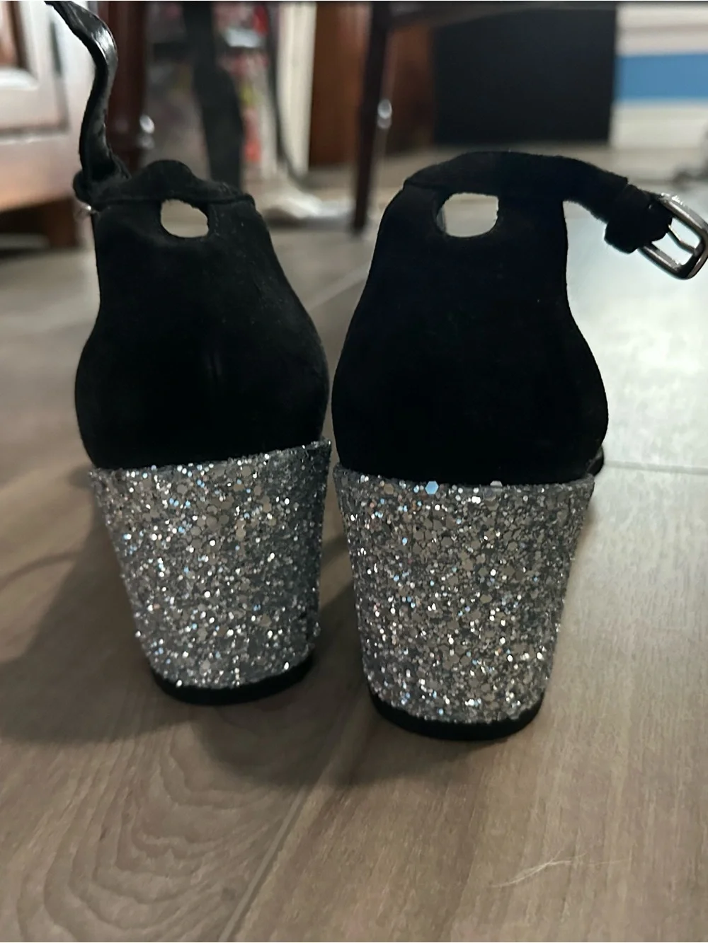Stuart Weitzman Black Suede Ankle-Strap Sandals with Silver Glitter Block Heel